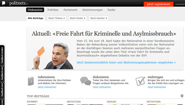 Screenshot "Politnetz - Die Polit-Plattform der Schweiz"