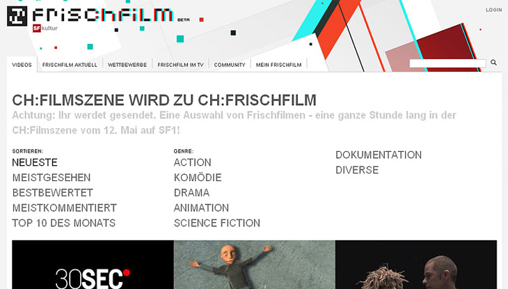 Screenshot "Frischfilm - Die Kurzfilmplattform des Schweizer Fernsehens"