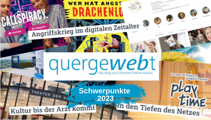 Screenshot-Collage der Vorschläge zum Grimme Online Award 2023 mit Verweis auf das Blog "quergewebt"