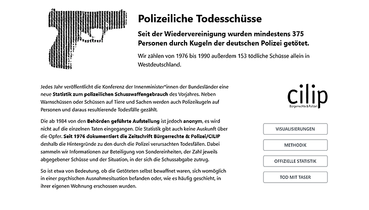 Screenshot Webseite "Chronik polizeilicher Todesschüsse 1976–2025"