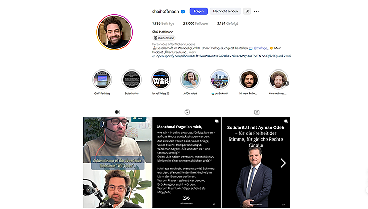 Screenshot Webseite "Israel-Palästina Diaries auf Instagram"