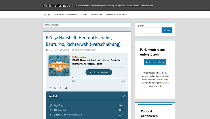 Screenshot Webseite "Parlamentsrevue"