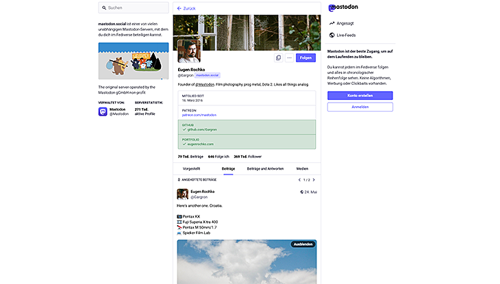 Screenshot Webseite "Mastodon-Profil von Eugen Rochko"